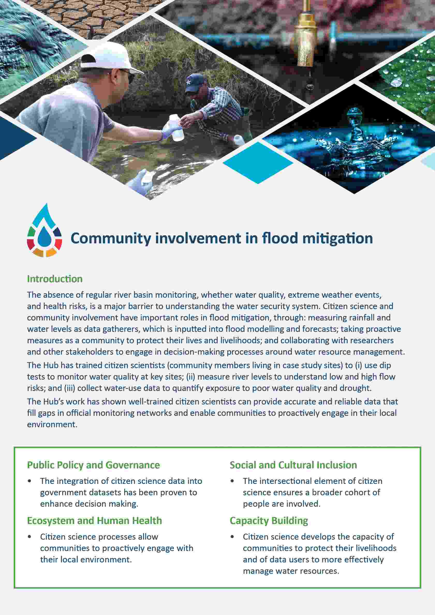 Image of document front cover with text 'Community involvement in flood mitigation'